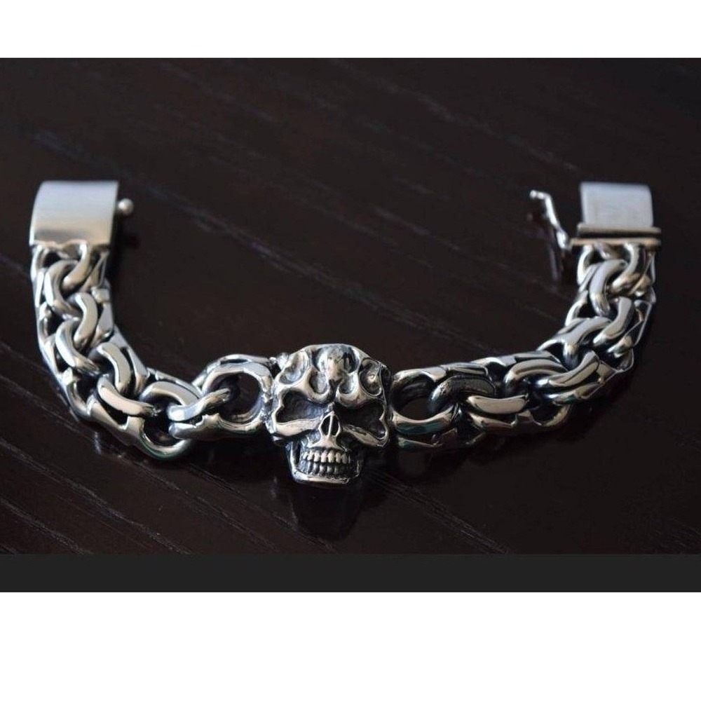 Silver 925 Skull Link Bracelet Mens Gothic Biker Heavy Chain 9 Inch